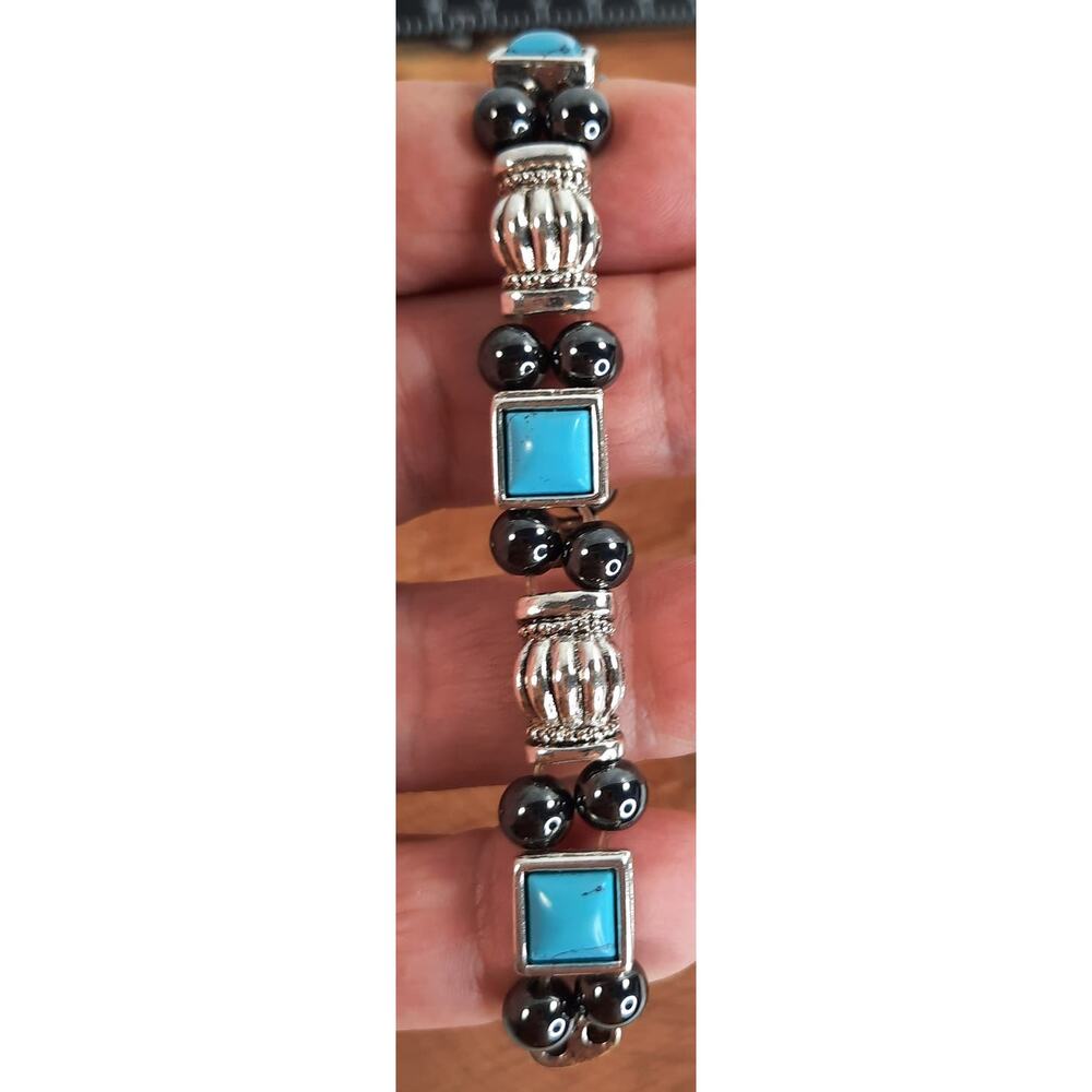 Magnetic Stretch Bracelet Silver Tone, Hematite, Teal Cabochons